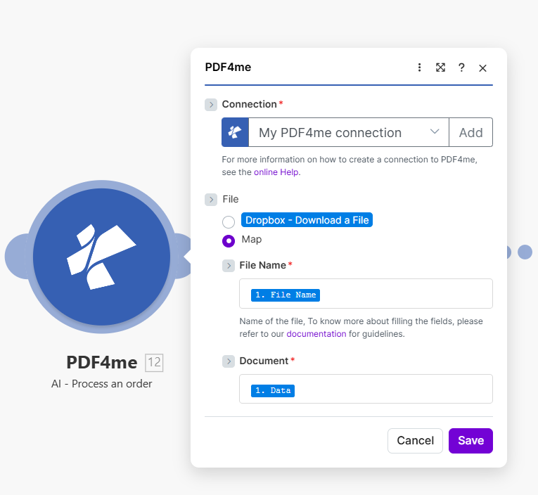 点击放大 配置 PDF4me AI 处理订单模块,连接设置为“我的 PDF4me 连接”,文件设置为“映射”,并映射订单名称和文档(来自上一个文件下载步骤),即可提取订单号、客户名称、行项目、数量、价格和收货地址。